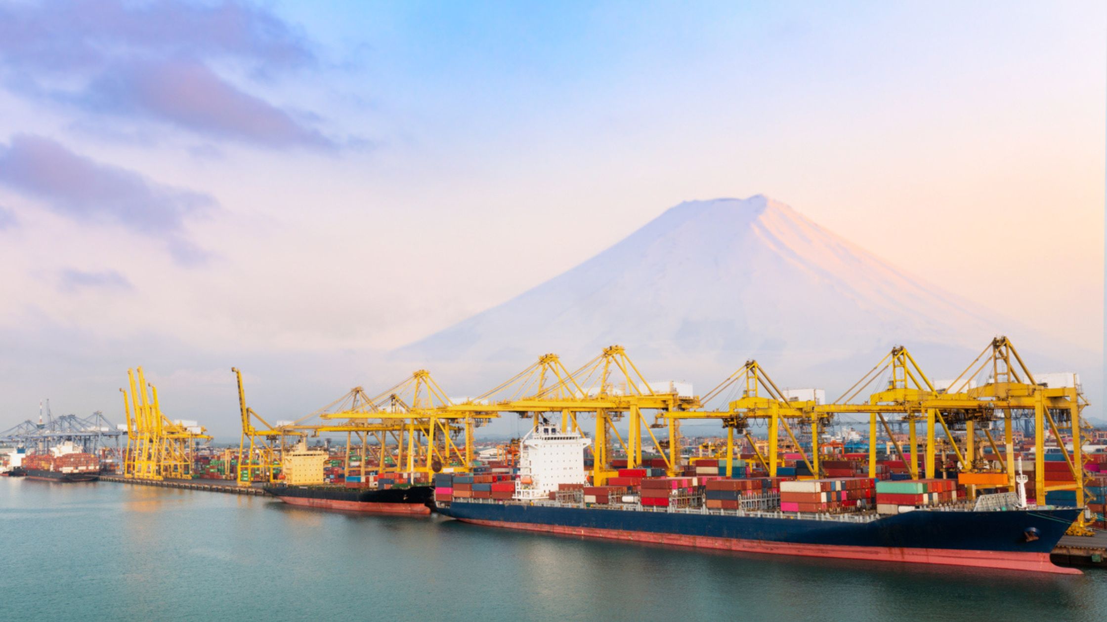 Shipping elevation equipment in front of Mount Fuji